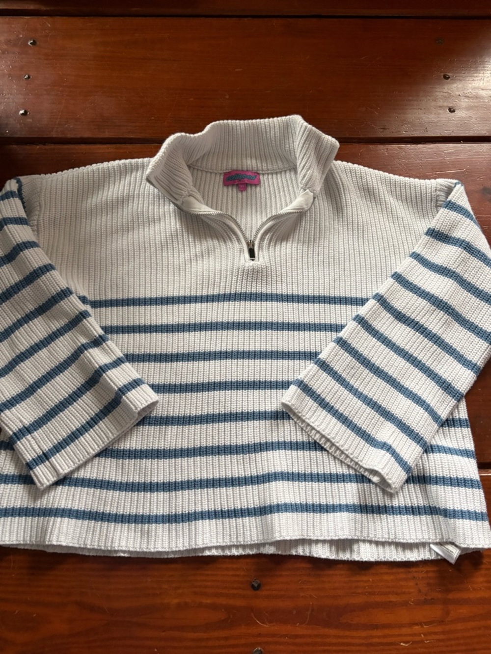 Edikted White & Light Blue Quarter-Zip Striped Sweater